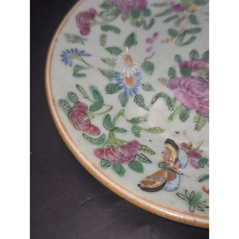 Antique Chinese Celadon Canton Famille Rose Plate 7